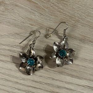 Silver Floral Earrings with Blue Accents